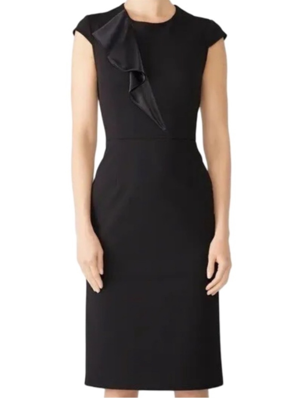 Donna Morgan Satin Ruffle Front Cap Sleeve Sheath Little Black Dress Size 4